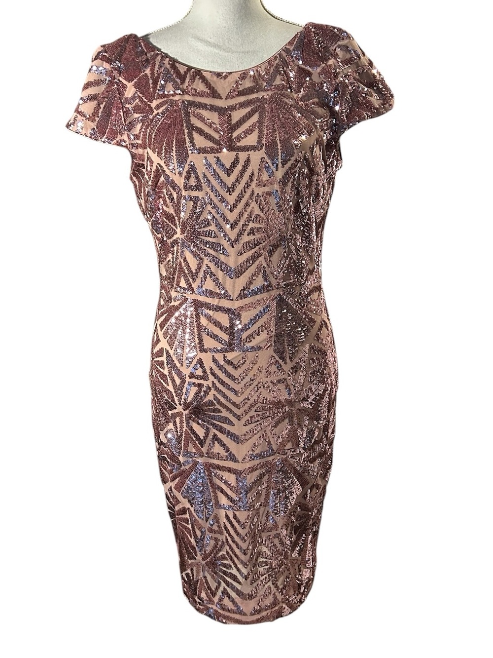Dress the Population Rose Gold Sequin Open Back Midi Sheath Dress